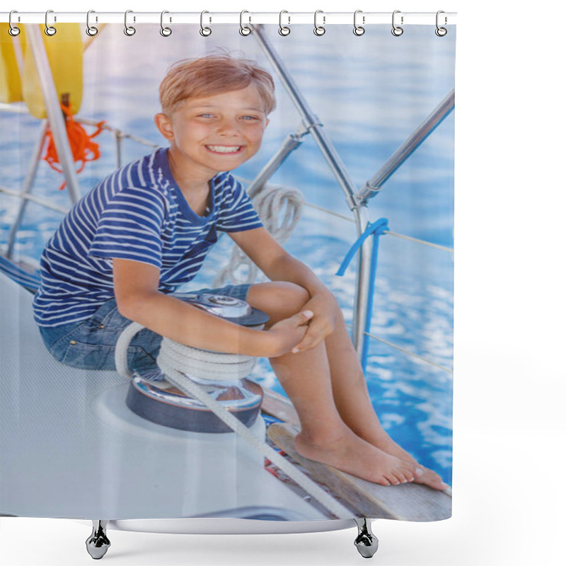 Personality  Cute Boy On Board Of Sailing Yacht On Summer Cruise. Travel Adventure, Yachting With Child On Family Vacation. Kid Clothing In Sailor Style, Nautical Fashion. Shower Curtains