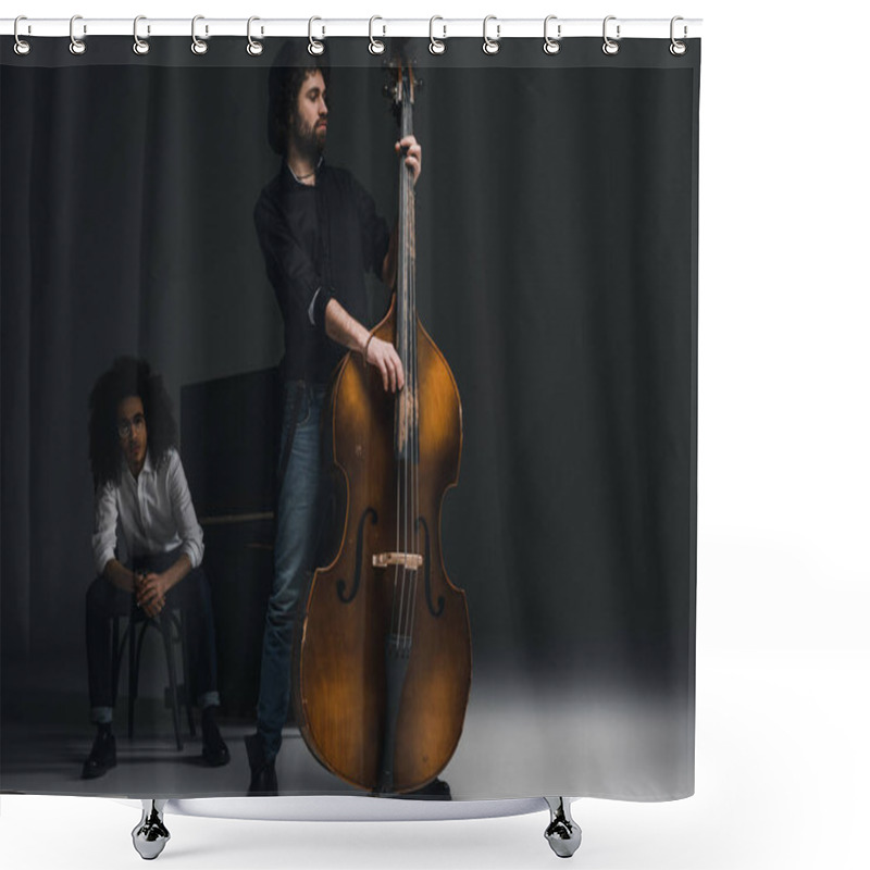 Personality  Handsome Young Man Playing Violoncello While His Partner Sitting At Piano Blurred On Background Shower Curtains