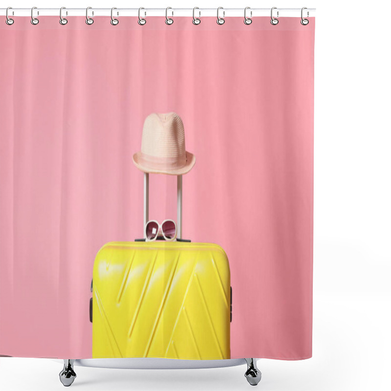 Personality  Yellow Suitcase With Sunglasses And Hat On Pink Background Shower Curtains