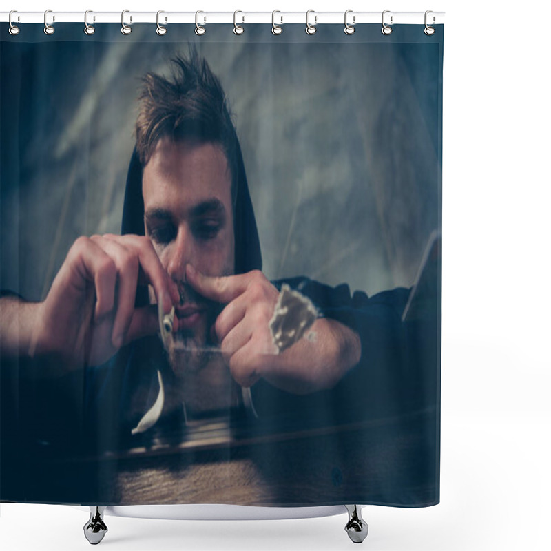 Personality  Teenage Youngster Social Problem Concept. Close Up Photo Portrai Shower Curtains