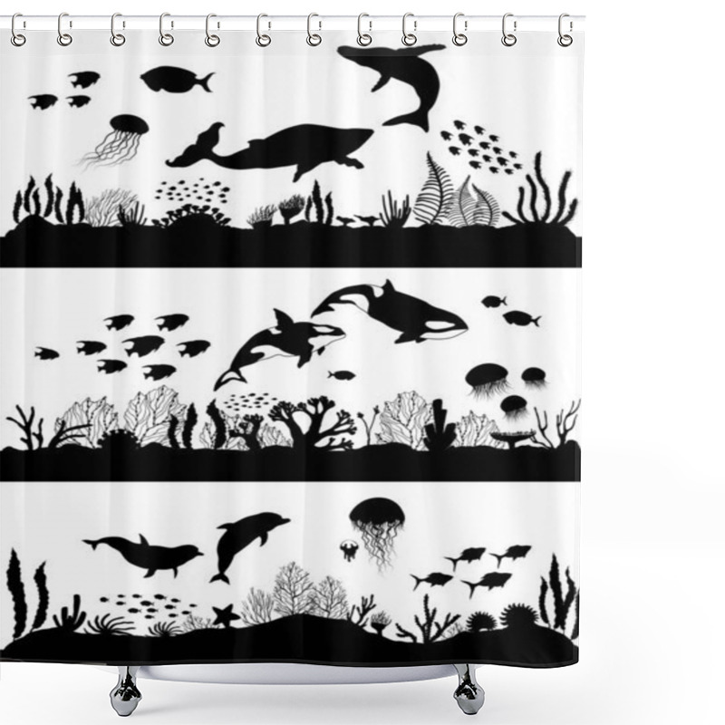 Personality  Silhouette Of Sea Coral Reef, Oceanic Animal Set. Shower Curtains