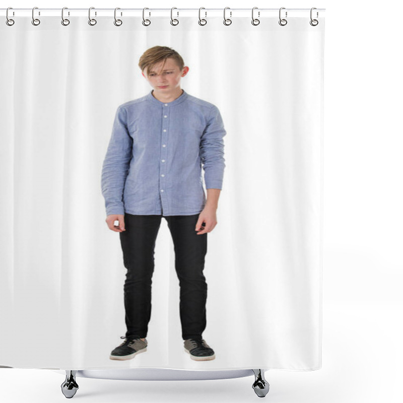 Personality  Full Length Portrait Of Sad And Thoughtful Teen Guy Looking Down Shower Curtains