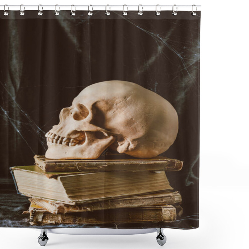 Personality  Halloween Skull On Ancient Books On Black Cloth With Spider Web, Gothic Witchcraft Shower Curtains