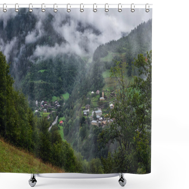 Personality  Georgian Landscape Of Svaneti Mountains With Small Village And Svan Towers Shower Curtains