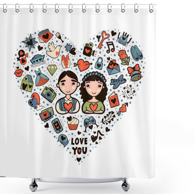 Personality  Vector Heart Shape Made Of Cute Doodles Shower Curtains