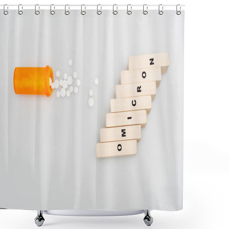 Personality  Top View Of Container And Pills Near Wooden Bricks With Omicron Lettering On Grey Background Shower Curtains