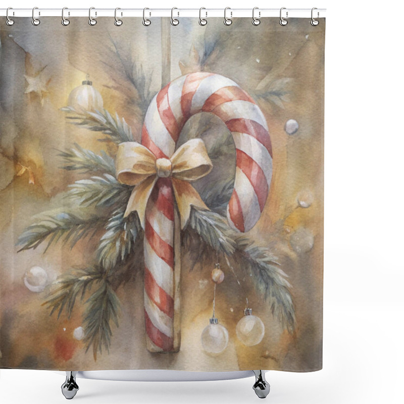 Personality  A Festive Candy Cane Ornament Wrapped In Red And White Stripes, Adorned With A Golden Bow And Pine Branches, Surrounded By Delicate Baubles And Glowing Holiday Charm. Shower Curtains