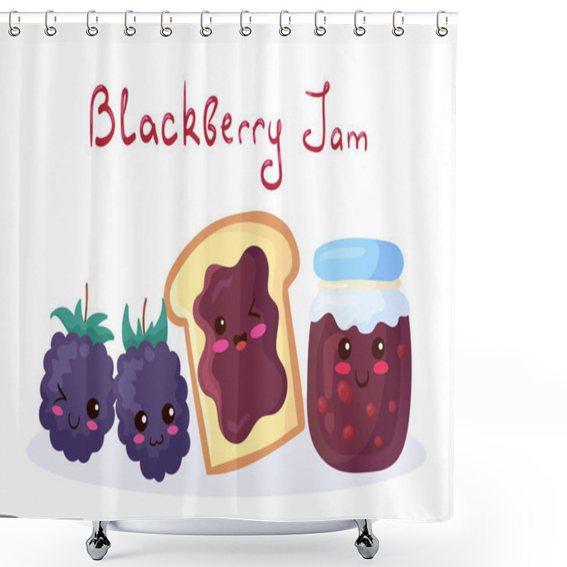 Personality  Bread Toast With Blackberry Jam, Smiling Funny Berries, Jam Jar With Lettering. Vector Kawaii Food Illustration In Cute Cartoon Style Isolated On White Background. Blackberry Dessert, Breakfast, Menu. Shower Curtains