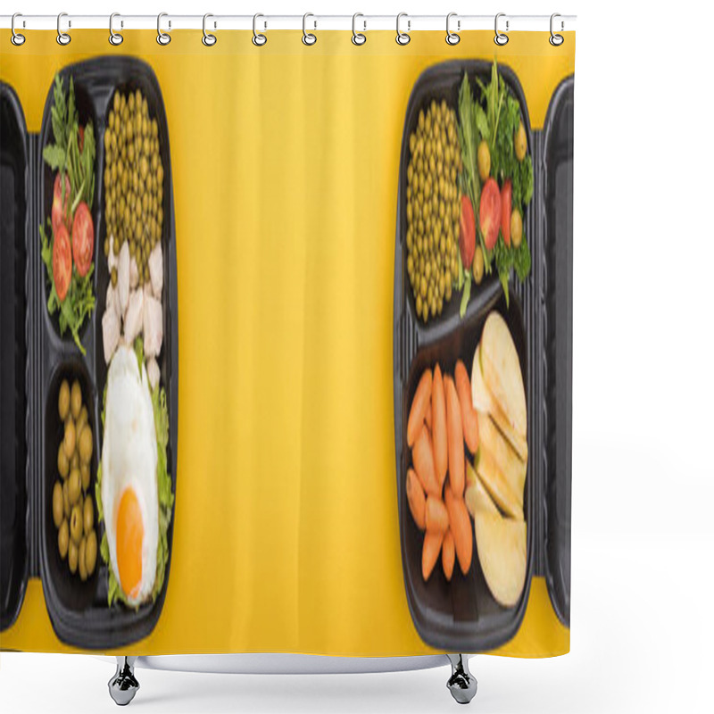 Personality  Panoramic Shot Of Eco Packages With Vegetables, Meat, Fried Egg And Salads Isolated On Yellow     Shower Curtains