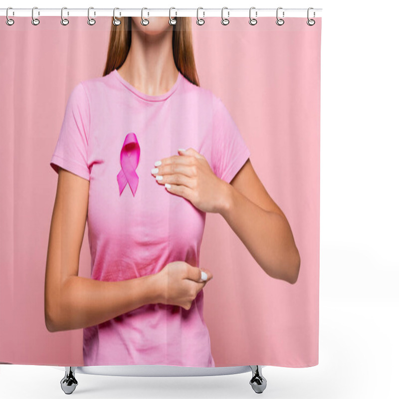 Personality  Cropped View Of Young Woman With Breast Cancer Awareness Ribbon Touching Breast Isolated On Pink  Shower Curtains