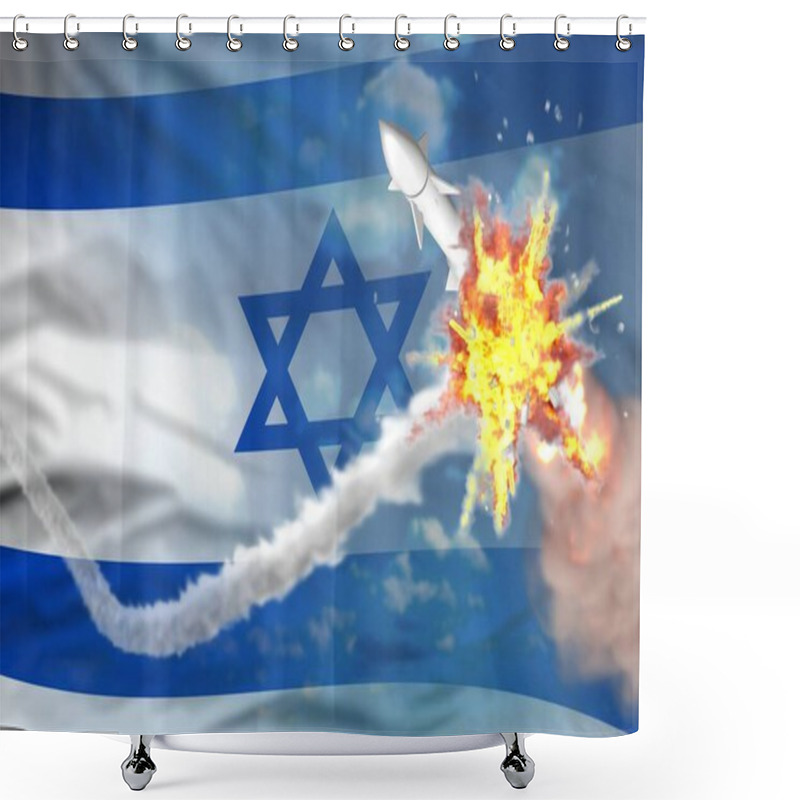 Personality  Strategic Rocket Destroyed In Air, Israel Ballistic Missile Protection Concept - Missile Defense Military Industrial 3D Illustration Shower Curtains