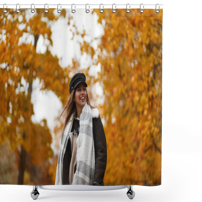 Personality  Elegant Happy Young Woman In A Chic Hat In A Stylish Brown Jacket With A Scarf With A Cute Smile Posing On The Background Of Trees With Gold Leaves In The Park On A Autumn Day. Funny Girl Outdoors. Shower Curtains