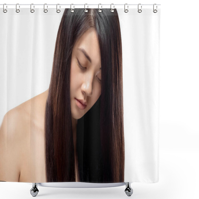 Personality  Portrait Of Attractive Asian Model With Strong And Healthy Hair Posing Isolated On White Shower Curtains