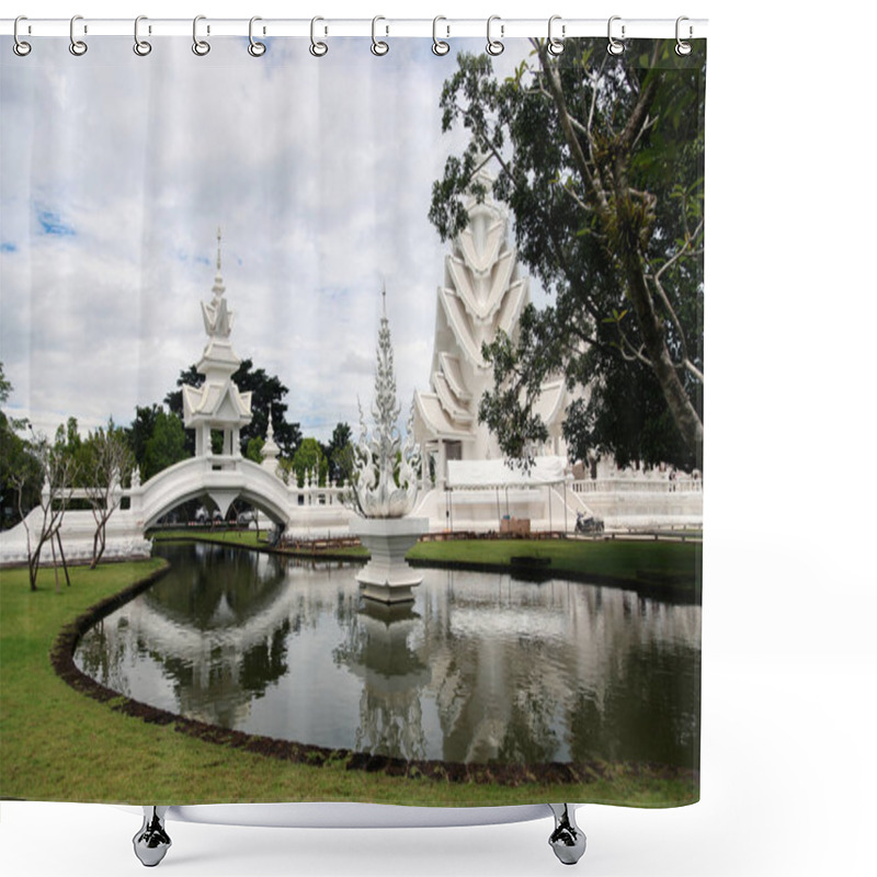 Personality  Lake With Bridge At Beautiful Traditional Thai Temple Shower Curtains