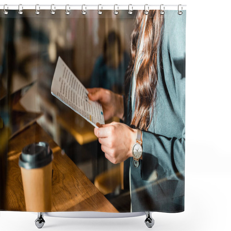 Personality  Cropped View Of Businesswoman Reading Document At Cafe With Coffee To Go Shower Curtains