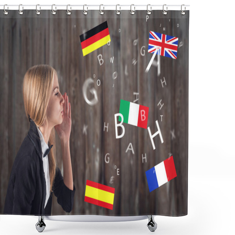 Personality  Foreign Language. Concept - Learning, Speaking, Travel Shower Curtains