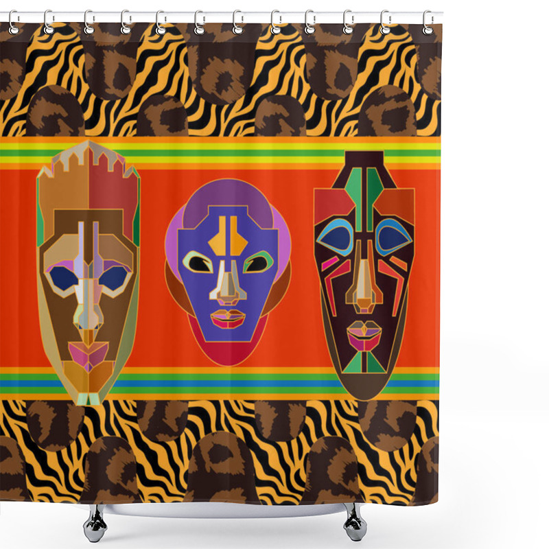 Personality  Seamless Vector Border With Shamanic Masks And Animal Prints. Shower Curtains