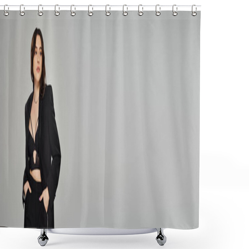 Personality  A Stunning Plus-size Woman Commands Attention In A Sleek Black Suit Against A Muted Gray Backdrop. Shower Curtains