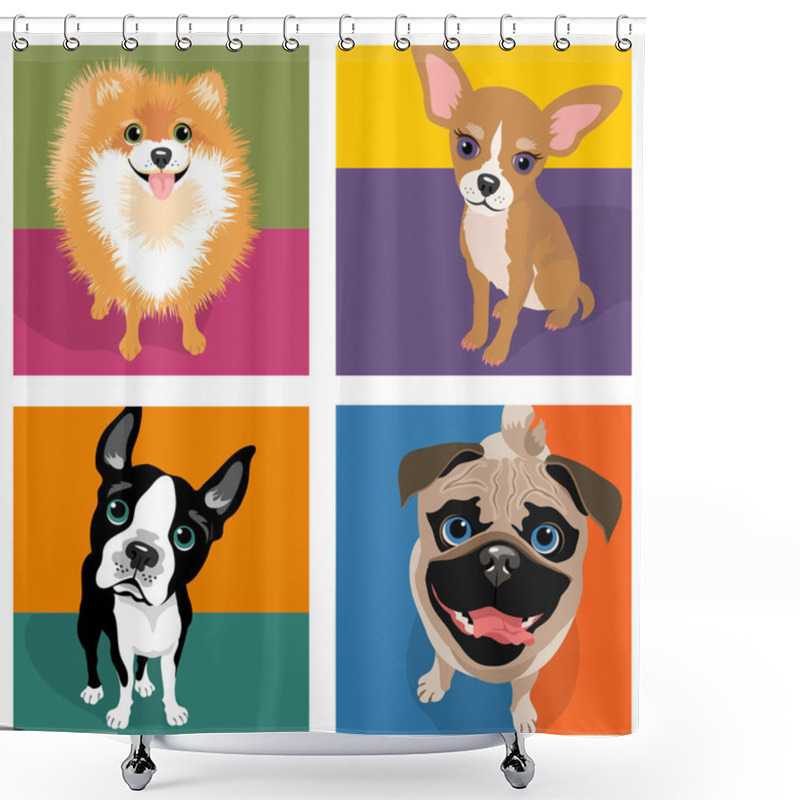 Personality  Cartoon Caricatures Of 4 Dog Breeds. Pomeranian, Chihuahua, Boston Terrier, Pug. For Posters, Cards, Banners, T-shirts, Social Media. Vector Illustration. Shower Curtains