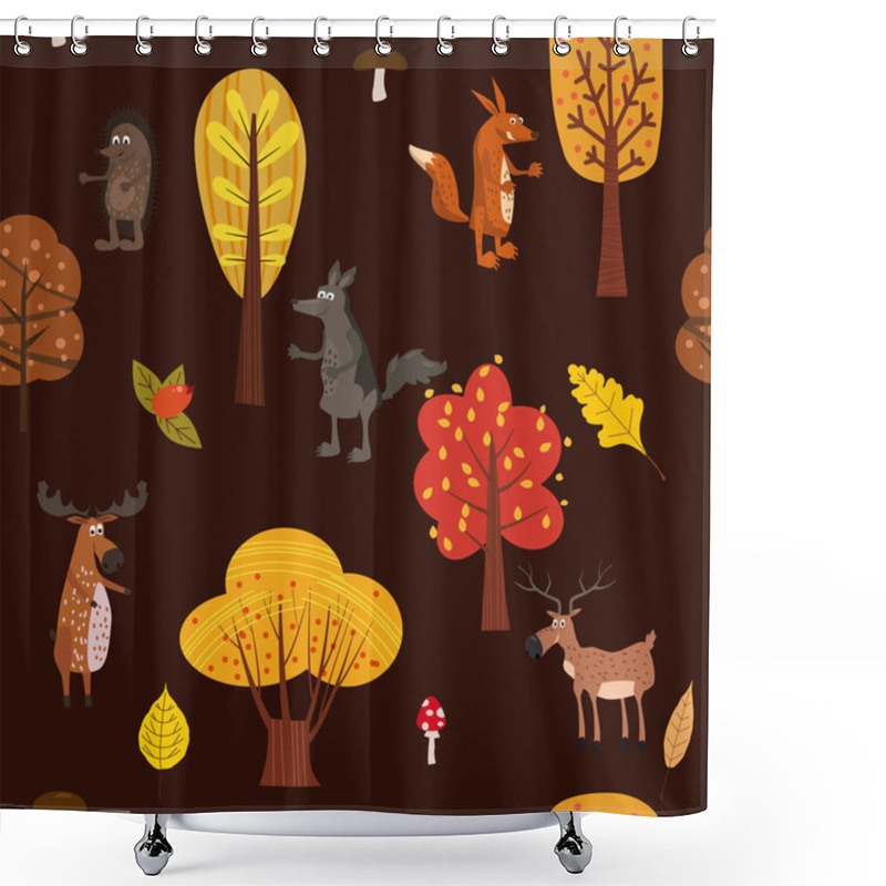 Personality  Autumn Forest Cute Animals Seamless Pattern With Trees Leaves Trendy Flat Cartoon Style Shower Curtains