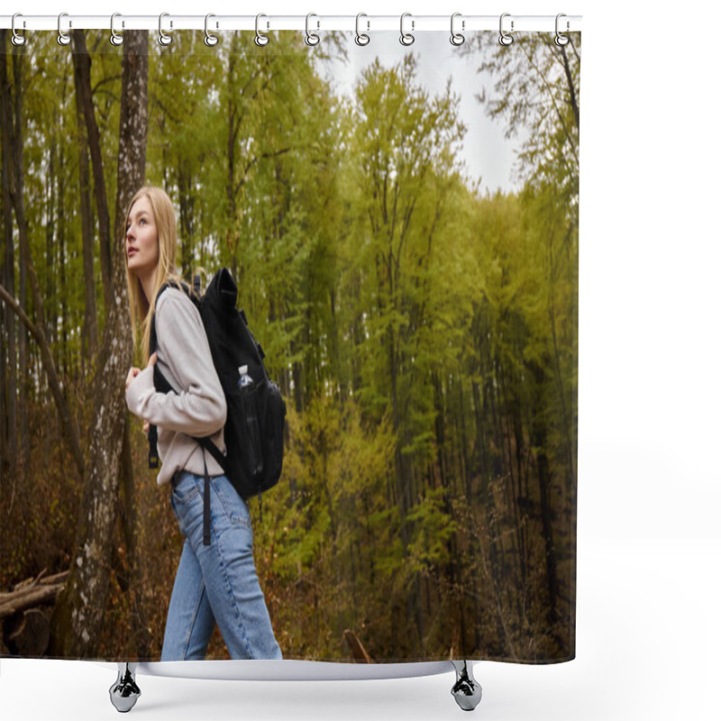 Personality  Side View Of Woman Tourist With Backpack Walking At Footpath In Woodland Hiking At Autumn Forest Shower Curtains