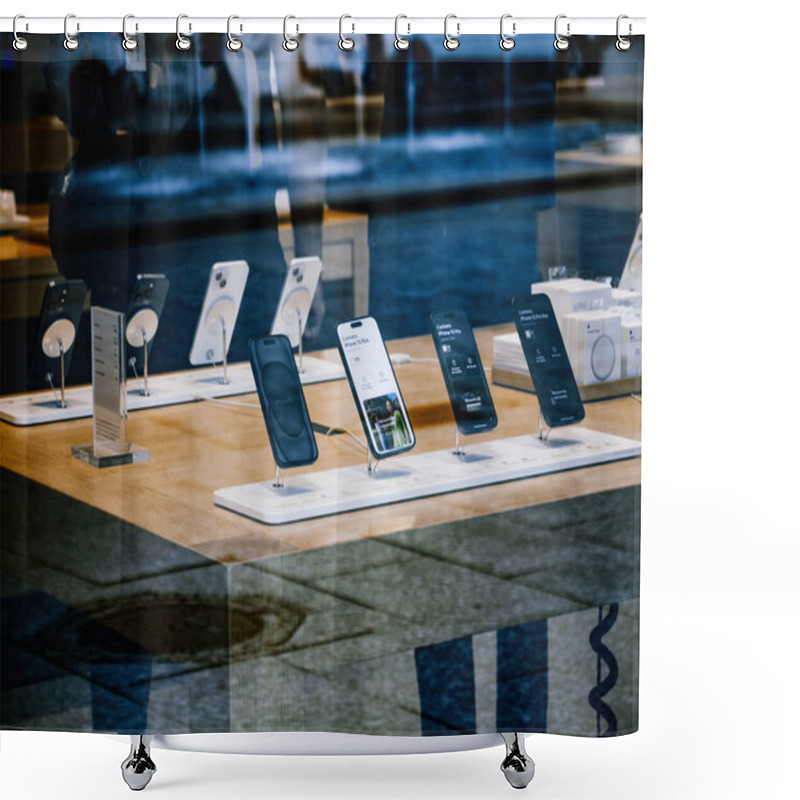 Personality  Paris, France - Sep 22, 2023: At Apple Inc.s Store, The Latest IPhone 15 Pro Max Rests Elegantly On A Wooden Table. Crowds Gather, Eager To Witness The Pinnacle Of The 15 Pro Series Launch Shower Curtains