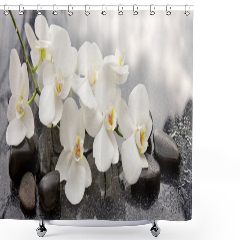 Personality  Spa Stones And White Orchid On Gray Background. Shower Curtains