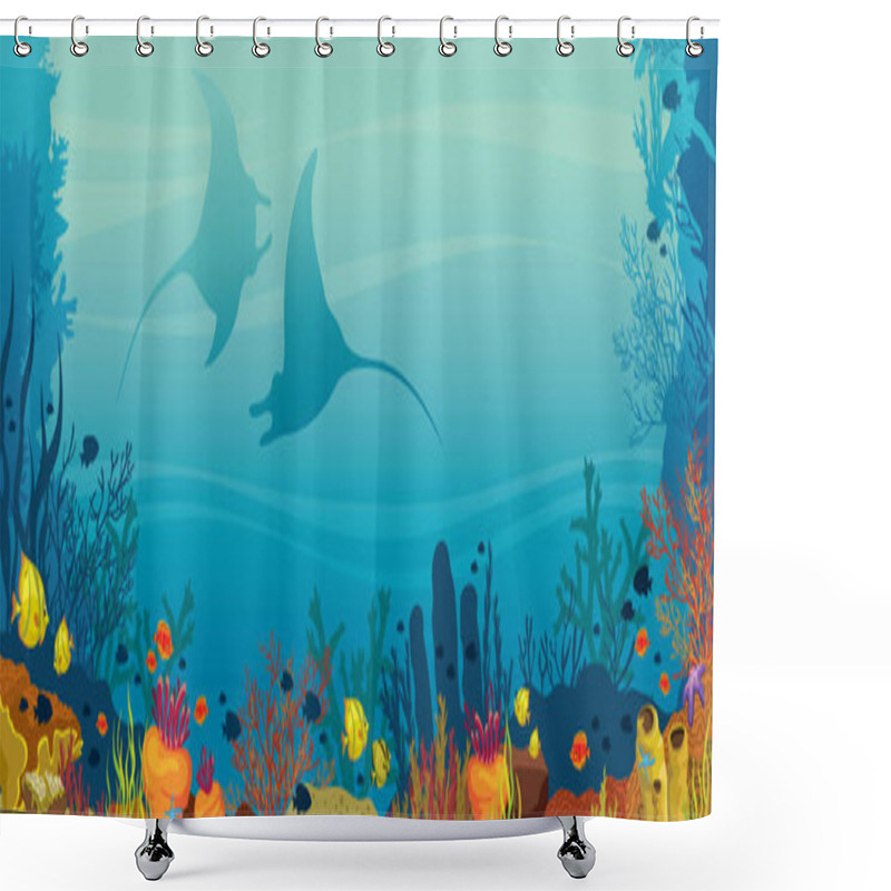 Personality  Two Mantas, Coral Reef And Fish - Underwater Illustration. Shower Curtains