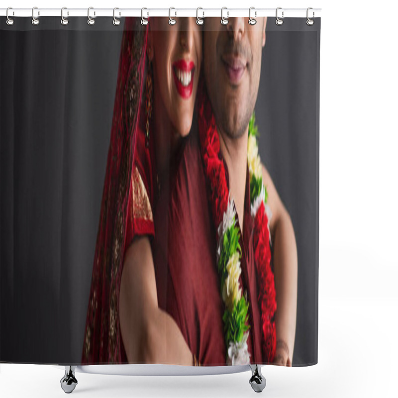 Personality  Cropped View Of Cheerful Indian Bride Hugging Bridegroom Isolated On Grey, Banner Shower Curtains