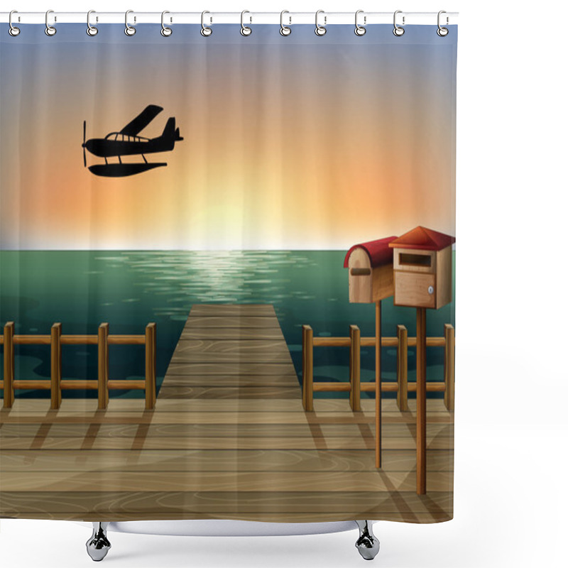 Personality  A Sunset At The Port With Two Wooden Mailboxes Shower Curtains