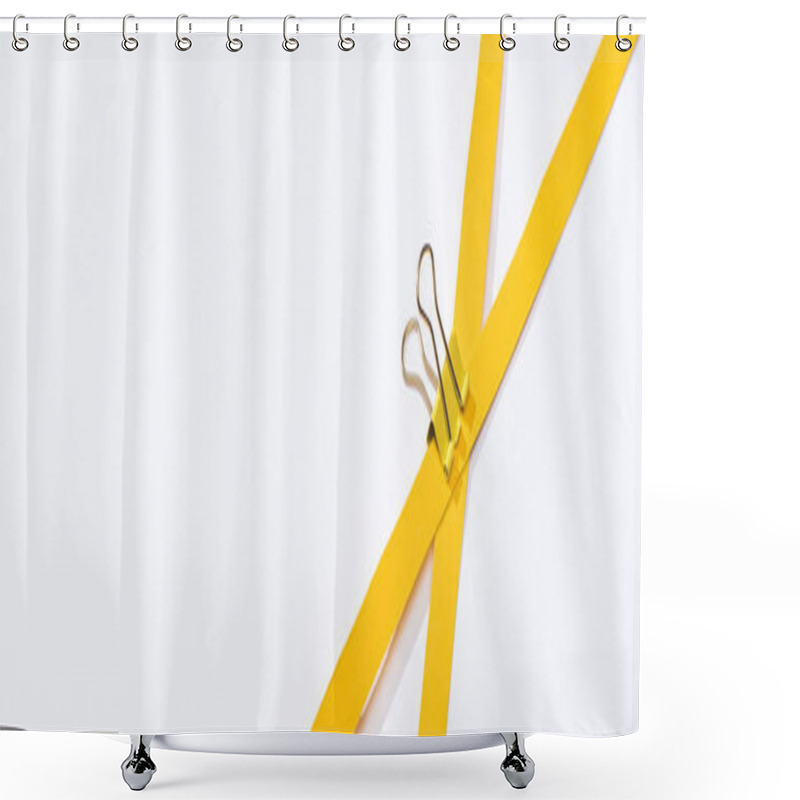 Personality  Panoramic Shot Of Binder Clip And Paper Strips On White Background  Shower Curtains