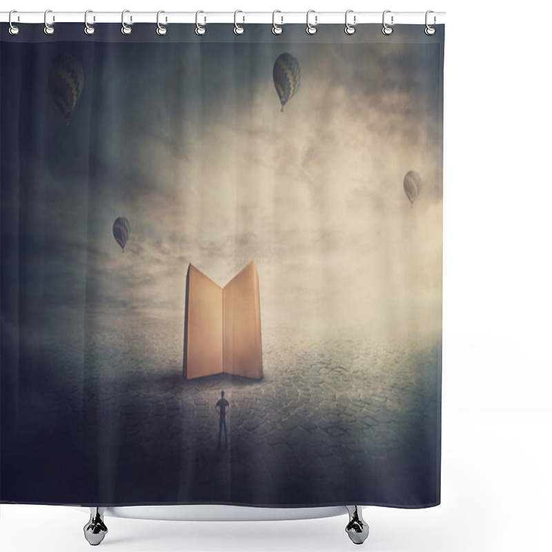 Personality  Surreal Scene, Imaginary World, Tiny Man Stands In Front Of A Gi Shower Curtains