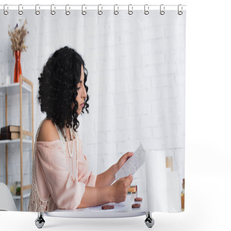 Personality  Side View Of Brunette Astrologist Holding Star Chart Near Clay Runes And Candles Shower Curtains