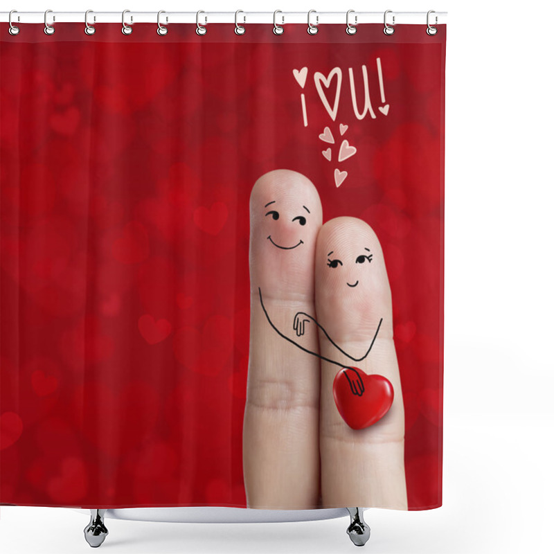 Personality  Finger Art. Lovers Is Embracing And Holding Red Heart. Stock Image Shower Curtains