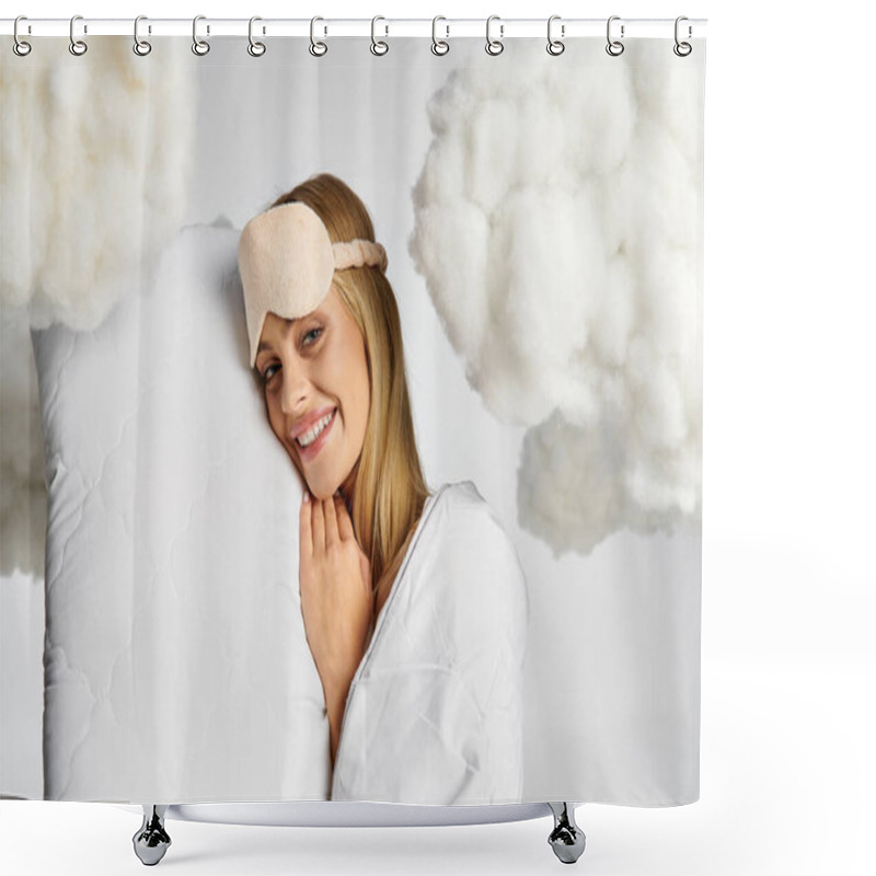 Personality  A Dreamy Blonde Woman In Cozy Pyjamas Holds A Pillow, Surrounded By Fluffy Clouds. Shower Curtains