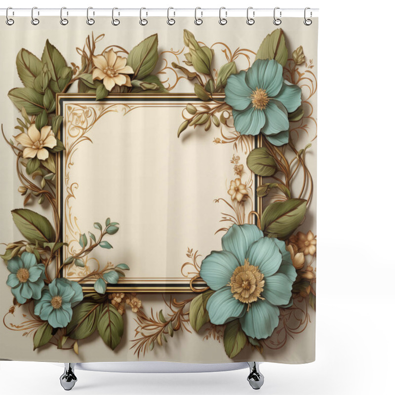 Personality  Exquisite Vector Frame Adorned With A Botanical Theme Featuring Teal Blue Flowers, Golden Accents, And A Classic Cream Backdrop Shower Curtains