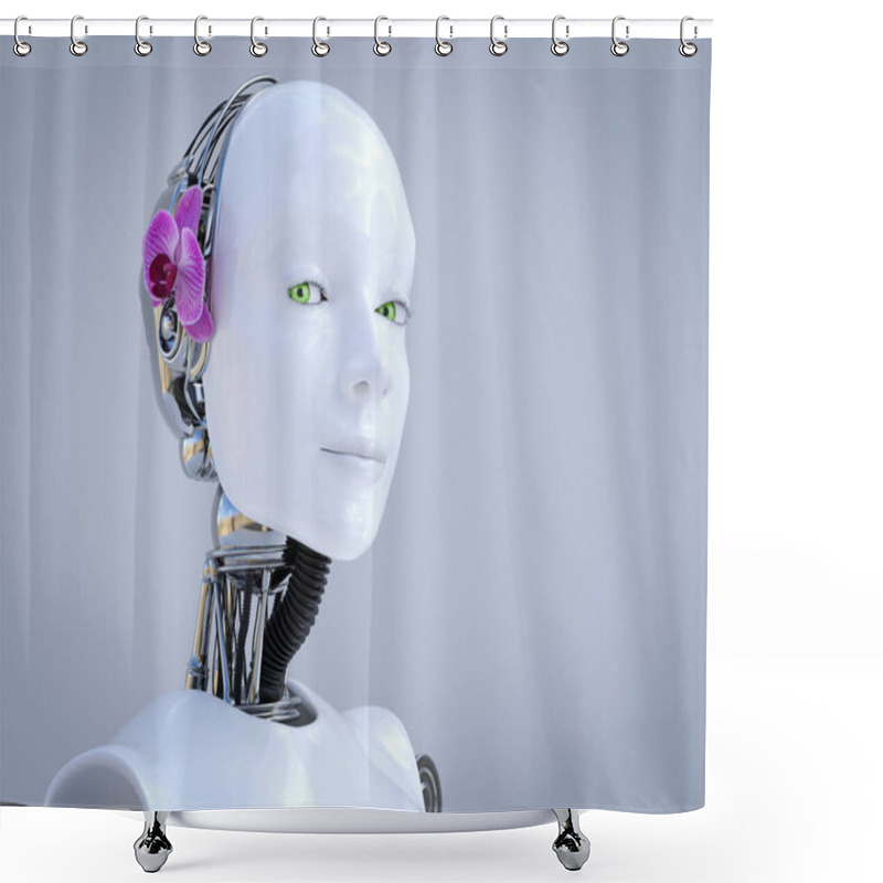 Personality  3D Rendering Portrait Of A Female Robot With A Beautiful Orchid Flower At The Side Of Her Head. Gray Background With Copyspace.  Shower Curtains