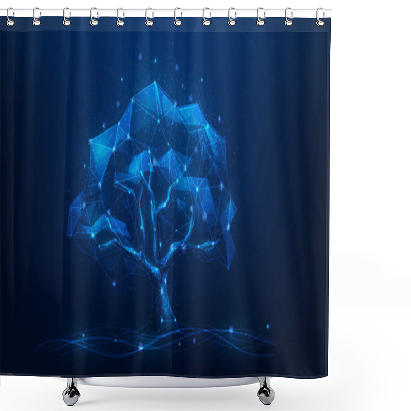 Personality  Tree Big Data Technology Low Poly Wireframe On Blue Background. Storage Online. Vector Illustration Fantastic Digital Design. Shower Curtains