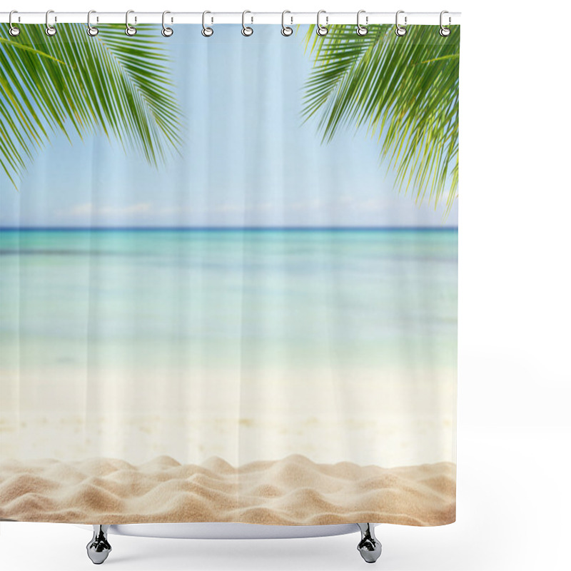 Personality  Summer Sandy Beach With Blur Ocean On Background Shower Curtains