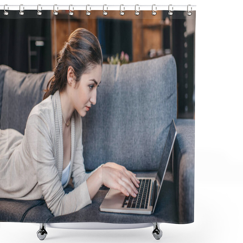 Personality  Woman Typing On Laptop Shower Curtains