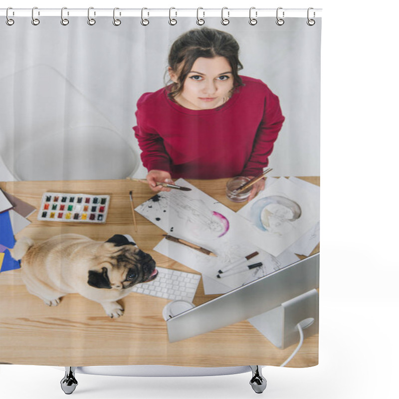 Personality  Attractive Young Girl Working On Illustrations With Cute Pug On Working Table With Computer Shower Curtains