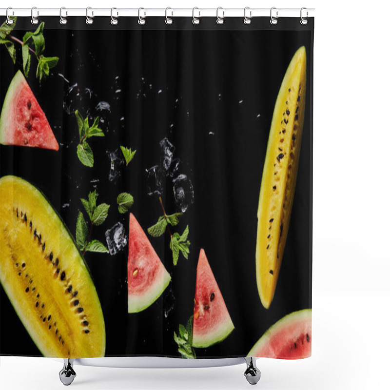 Personality  Top View Of Red And Yellow Watermelon Slices With Mint And Ice Isolated On Black Shower Curtains