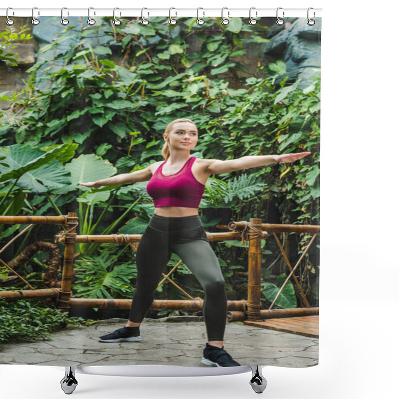 Personality  Fit Young Woman Warming Up Before Training In Park Shower Curtains