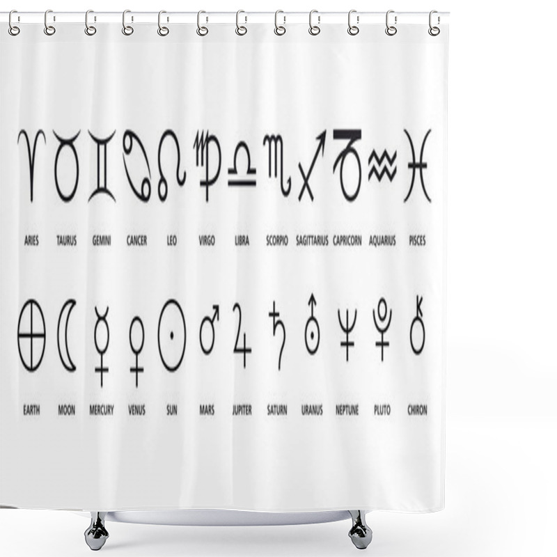 Personality  Symbols Of Astrological Signs And Planets. Frequently Used Symbols In Astrology Including Signs Of The Zodiac, Earth, Sun, Moon, The Planets And Chiron. Black And White Illustration, English Labeling. Shower Curtains