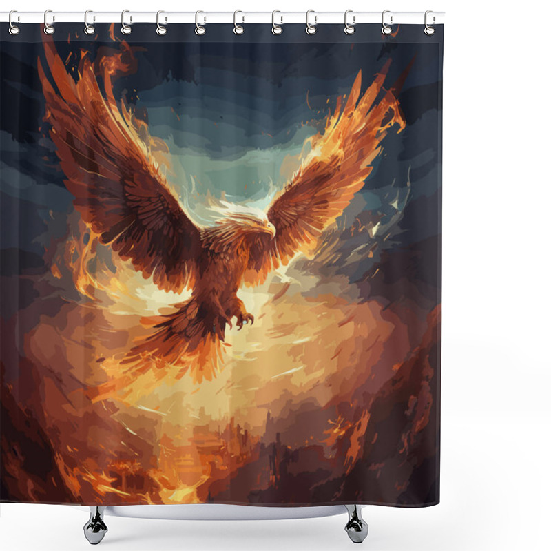 Personality  The Phoenix Flies, Blazing With The Fire Of A Bird. Mythical Creatures. Rebirth Of The Epic Fire Phoenix. Vector Illustration Shower Curtains