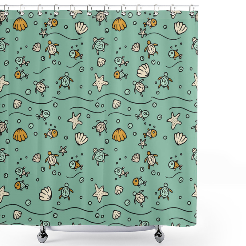 Personality  Vector Sea Seamless Pattern With Handdrawn Starfishes, Fishes, Shells, Sea Turtles. Shower Curtains