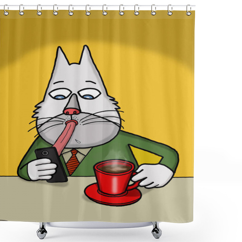 Personality  Cat Is Using Mobile Phone With His Tongue Shower Curtains