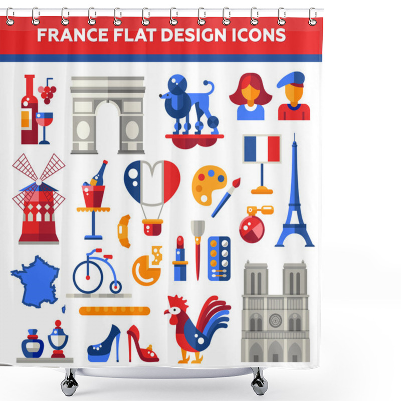 Personality  Set Of Flat Design France Travel Icons, Infographics Elements With Landmarks And Famous French Symbols Shower Curtains