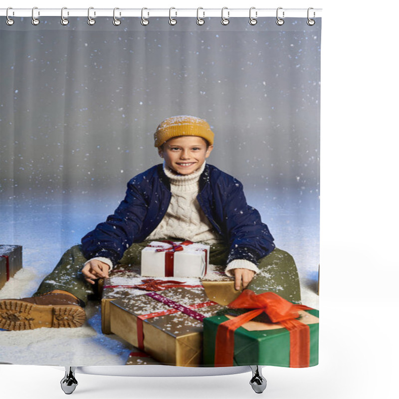 Personality  A Happy Boy In Winter Gear Sits Among Wrapped Gifts In The Falling Snow. Shower Curtains