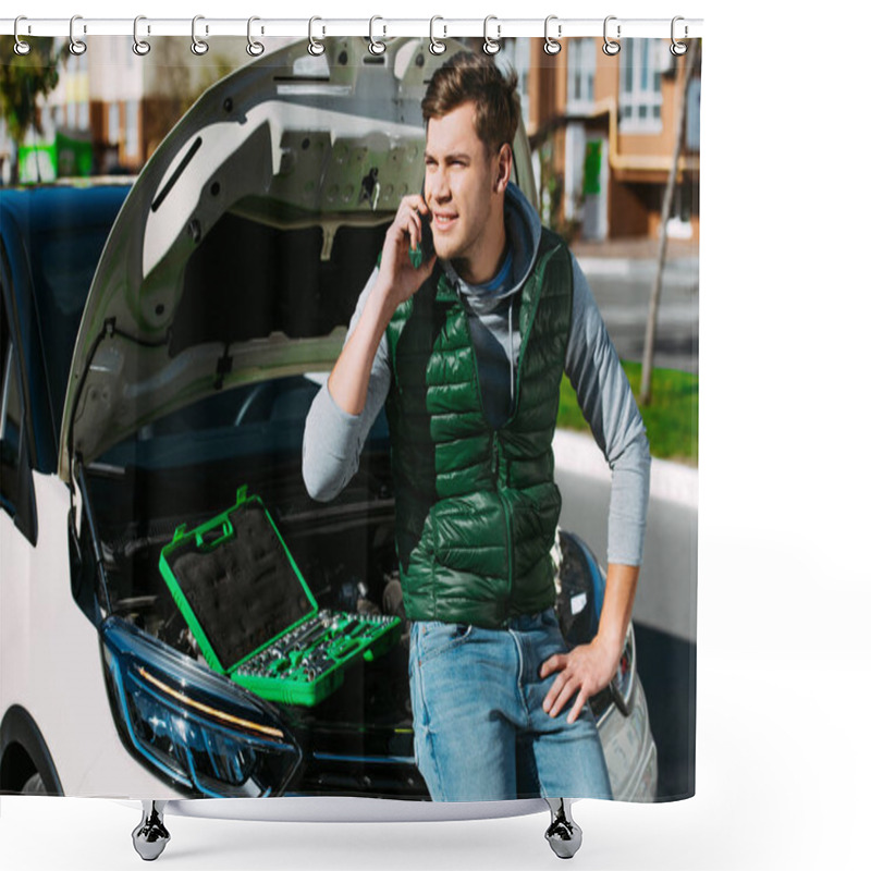 Personality  Smiling Young Man Talking By Smartphone While Sitting On Broken Car  Shower Curtains